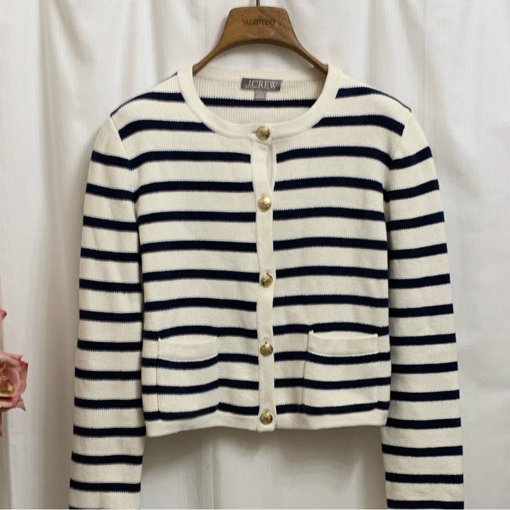 J. Crew Emilie Sweater Lady Jacket Navy and Cream Striped Patch Pocket Cardigan